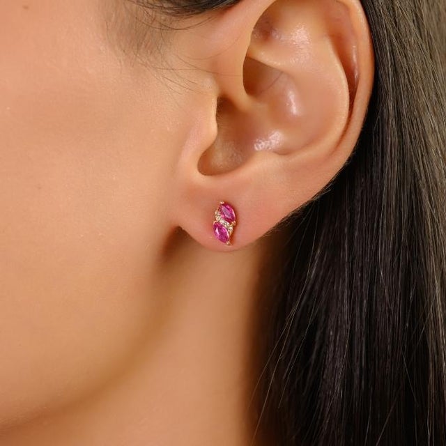 Ruby Red 14k Yellow Gold Marquise Cut Natural Ruby & Diamond Cluster Stud Earrings- 2 Pieces For Sale - Image 8 of 12