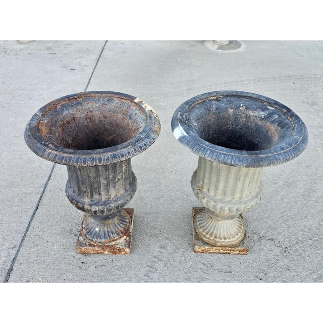 Antique Classical Cast Iron Garden Urn Planters a-Pair For Sale - Image 4 of 18