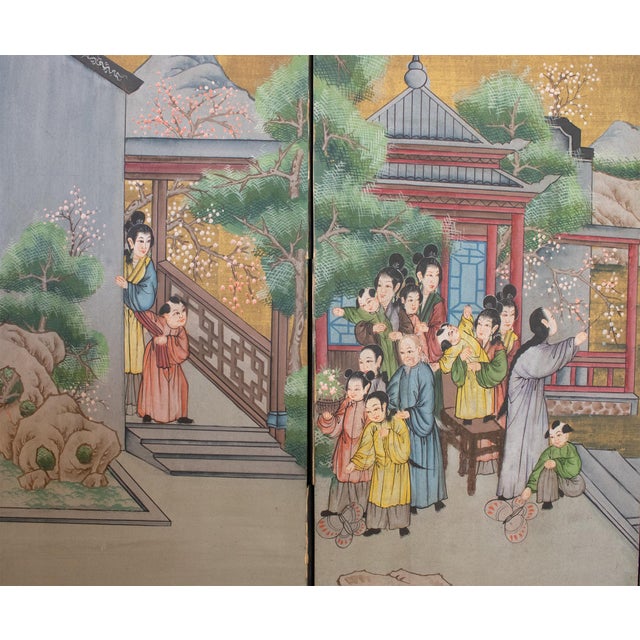 Wood C. 1940s Vintage Chinese Painted Folding Screen "Flying Kites" For Sale - Image 7 of 16