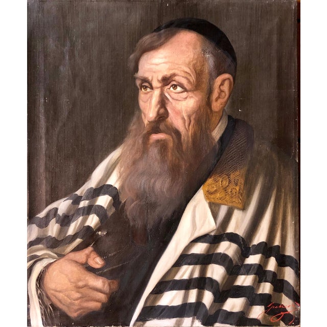 Polish Judaica Portrait of Hasidic Rabbi with Tallit Synagogue Oil Painting For Sale