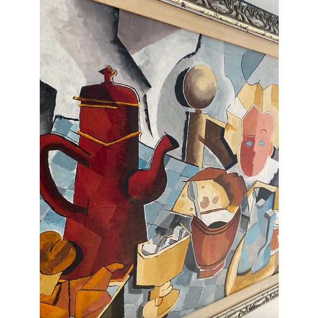 1990s Large Original Signed Oil Painting — Post-Cubist Figural Still Life — Ornate Silver Frame For Sale In Savannah - Image 6 of 8