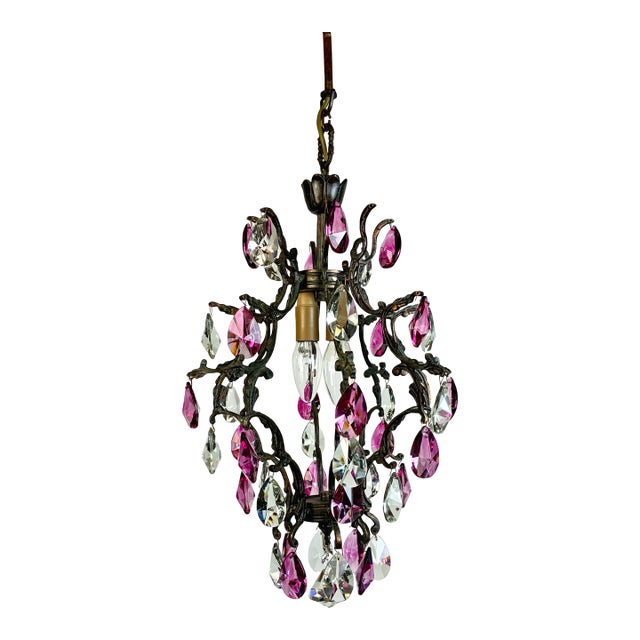 Antique Vintage 1960s Crystal Chandelier – Hand-Restored, Pink Hand-Painted Crystals For Sale