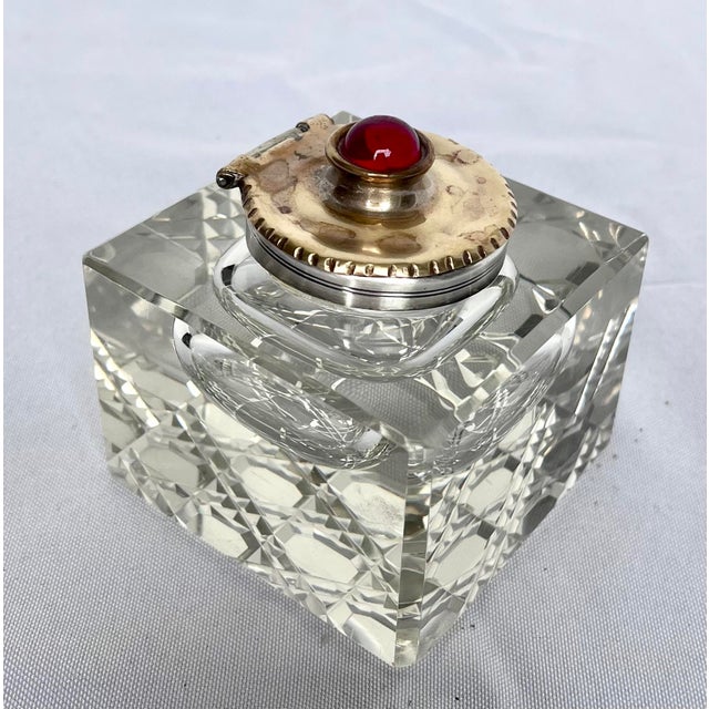 Vintage Cut Crystal Inkwell W/Brass Lid and Red Gemstone For Sale - Image 11 of 12