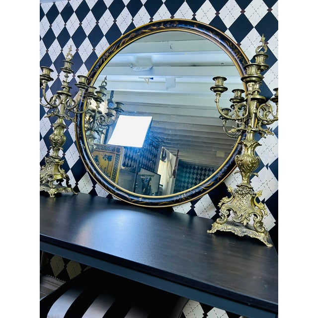 Oversized Black & Gold Lacquer Hand-Painted Chinoiserie Round Mirror 36 Inch Diameter For Sale - Image 10 of 13