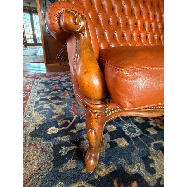 Mid 20th Century Victorian Style Tufted Leather Sofa With Carved Wood Frame, Vintage For Sale - Image 5 of 7