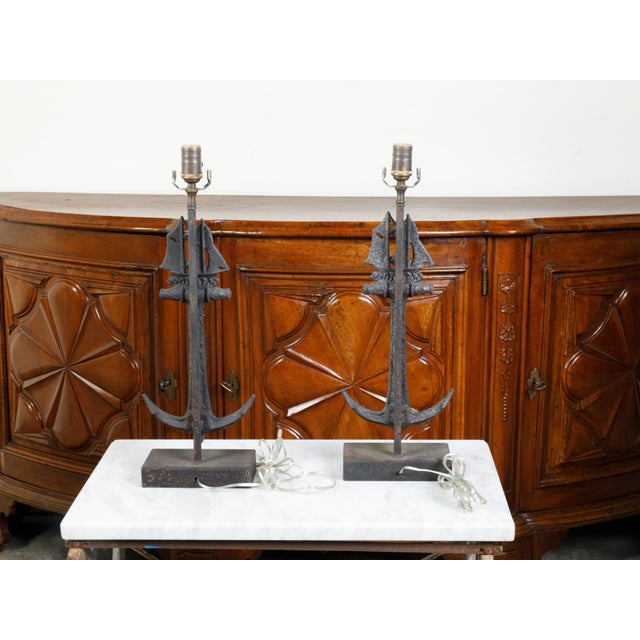 Metal Pair of Iron Table Lamps with Anchors and Sailboats on Rectangular Bases For Sale - Image 7 of 8
