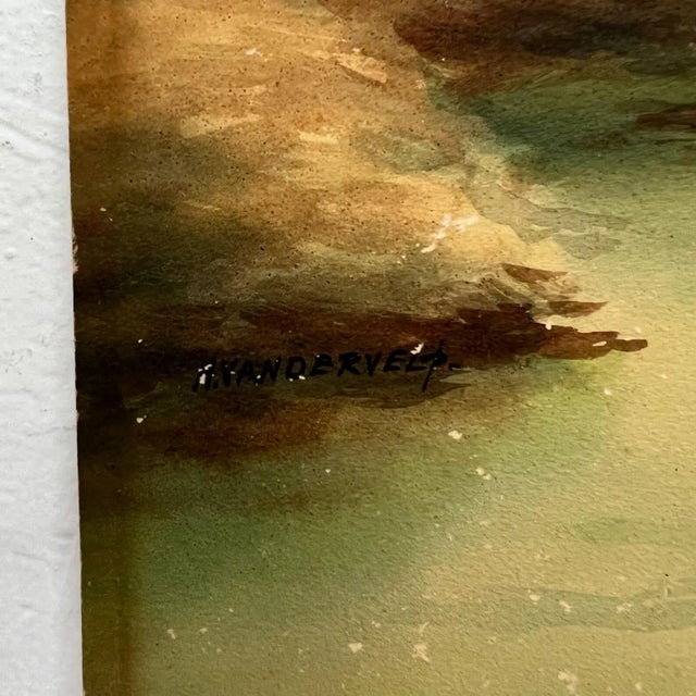 Vintage Art Watercolor Scenic Holland Countryside Windmill Lake & Boat For Sale - Image 9 of 12