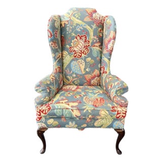 Vintage High Back Blue Floral Wingback For Sale