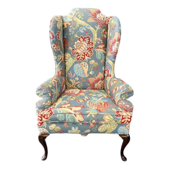 Vintage High Back Blue Floral Wingback For Sale