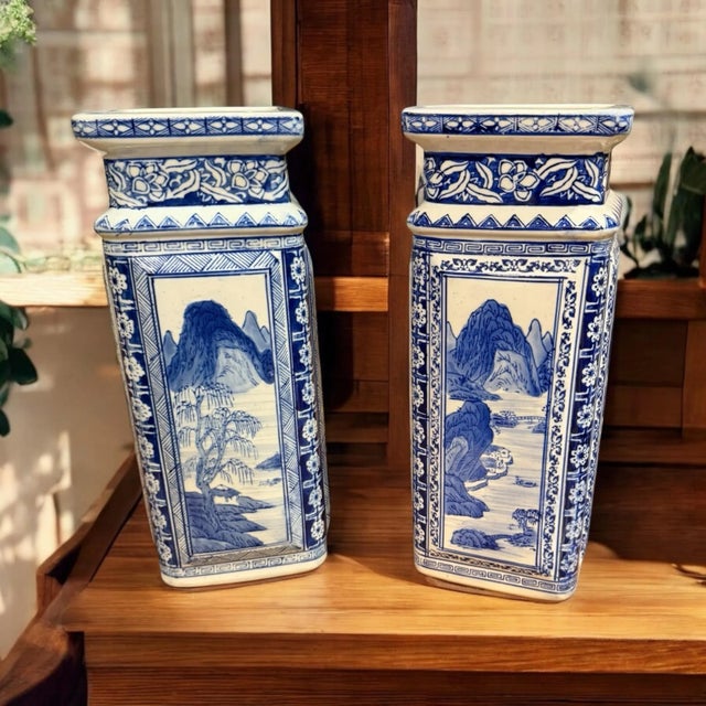 Chinoiserie Qianlong Style Blue and White Porcelain Vases- A Pair For Sale - Image 4 of 12