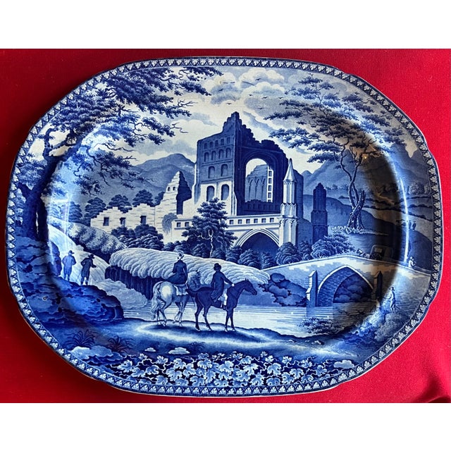 Early 19th Century Large Antique Early 19th C. English Staffordshire Pearlware Blue & White Transfer Platter by Robert Hamilton of Stoke in the Gothic Ruins Pattern 1820 For Sale - Image 5 of 8
