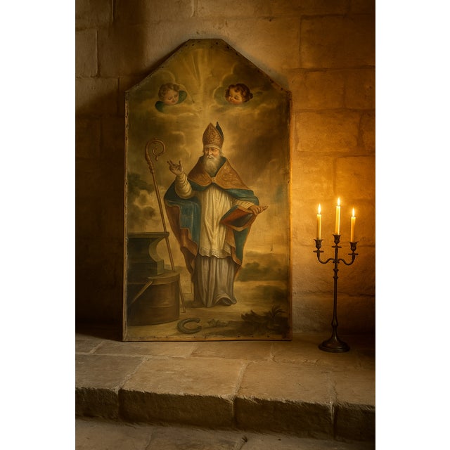 Monumental French religious painting depicting Saint Eligius, circa 1790, from the Abbey of Bonnefontaine. A rare survivor...