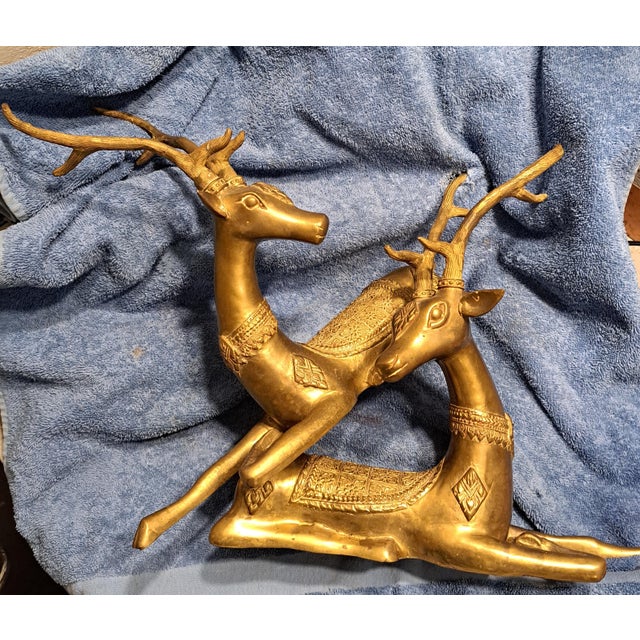 Hollywood Regency 2 Brass Ornate Large Deer Statues Figurines For Sale - Image 6 of 12