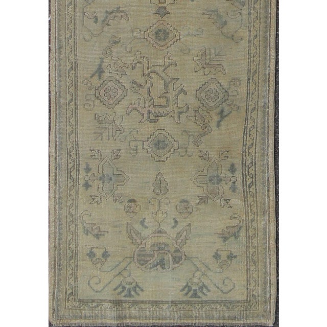 Antique Turkish Oushak Runner With All-Over Design With Green and Blue Accents For Sale In Atlanta - Image 6 of 6