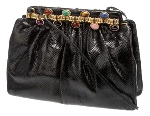 1990s Judith Leiber Karung SnakeSkin Black Day Evening Handbag Gems Shoulder Vintage