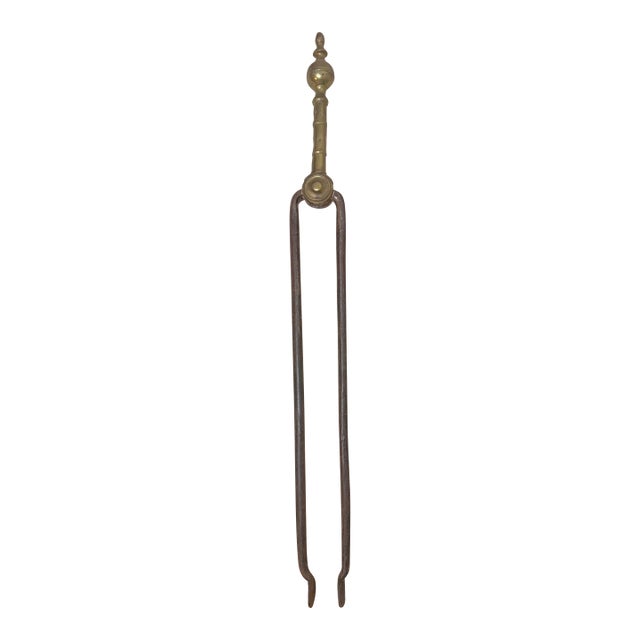Antique 18th Century Wrought Iron Turned Brass English Fireplace Tongs Tool 8 For Sale