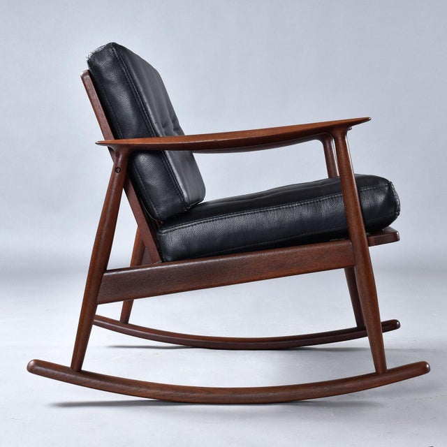 MM Moreddi Restored Moreddi 1950's Danish Teak Rocking Chair in New Black Leather For Sale - Image 4 of 13