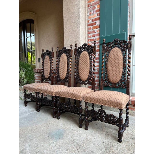 Set 4 Tall Antique French Dining Chairs Barley Twist Renaissance Carved Oak 1890 For Sale - Image 14 of 18
