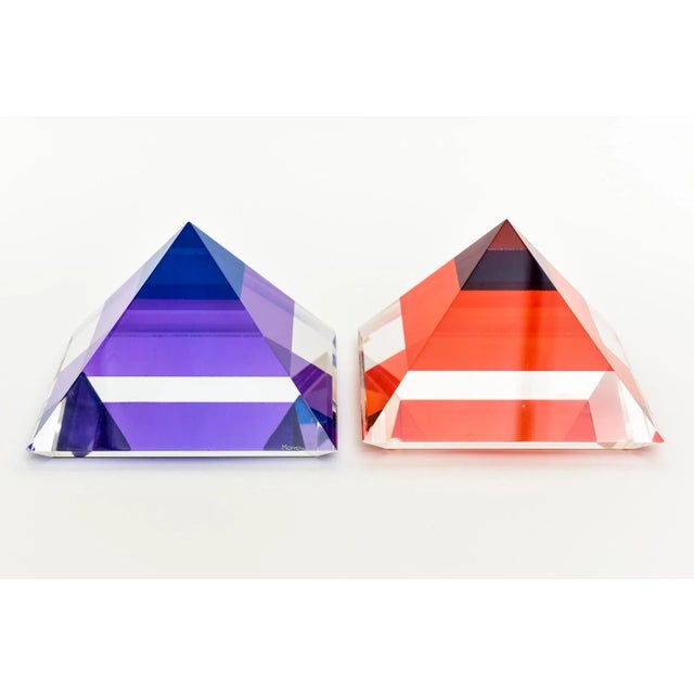 1990s Pyramid Lucite Sculptures Set of 3 Orange, Sapphire Blue, Purple, Red 90's For Sale - Image 5 of 13