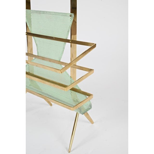 Brass and Perforated Green Metal Magazine Rack attributed to Cesare Lacca, Italy, 1950s For Sale - Image 16 of 18