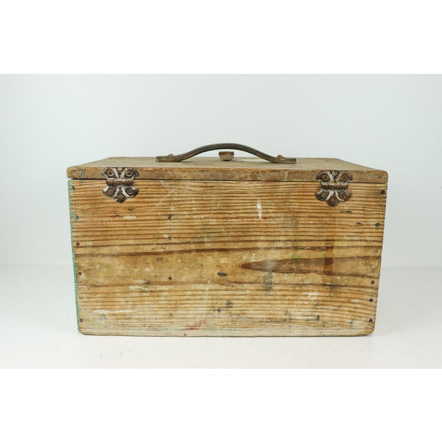 Rustic Antique Wooden Tool Chest With Leather Handle and Turquoise Paint For Sale - Image 3 of 11