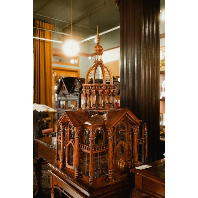 Antique Handcrafted Walnut Cathedral Bird Cage With Architectural Spire For Sale - Image 9 of 12