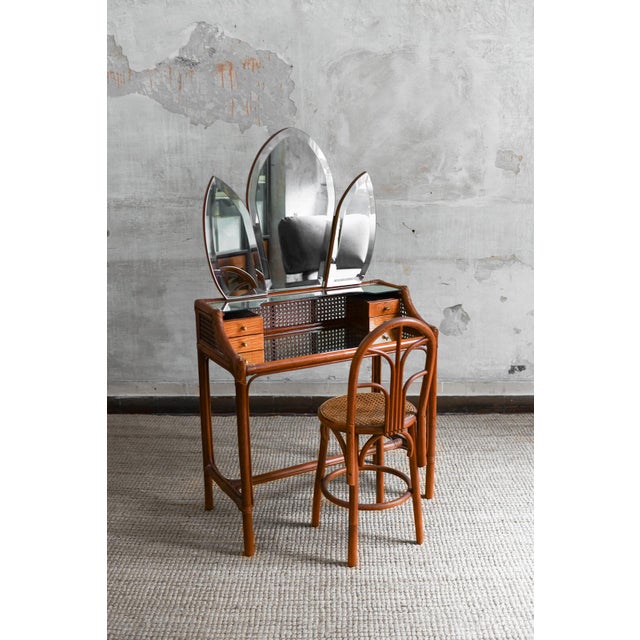 Wood Mid-Century Vanity & Chair in with Brass Details and Side-Panel Mirrors, 1950s, Set of 2 For Sale - Image 7 of 7