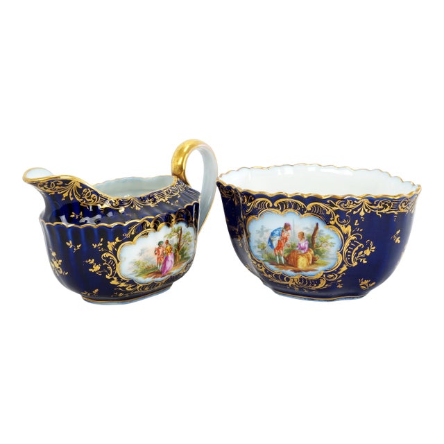 Antique German Richard Klemm Dresden Cobalt Blue Gold Courting Couple Creamer Sugar Set For Sale