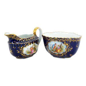 Antique German Richard Klemm Dresden Cobalt Blue Gold Courting Couple Creamer Sugar Set