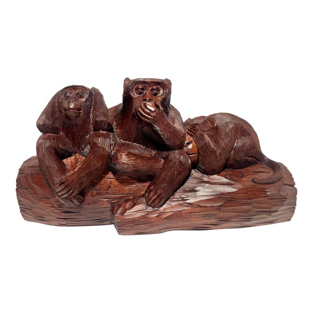 1960's Vintage Nikko, Japan Hand-Carved Wooden "Three Wise Monkeys" Figurine For Sale