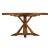 A round dining table finished in a warm walnut color with a rustic finish showing exposed saw marks and set on a bracketed...