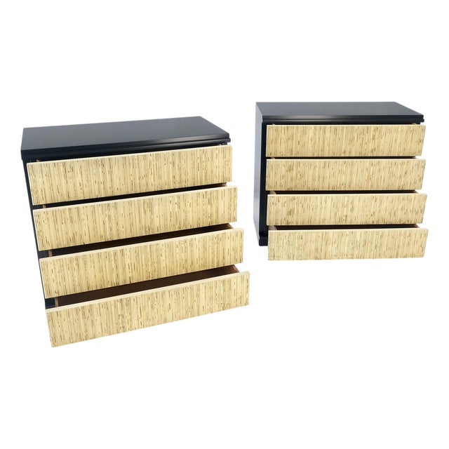 Pair Black Lacquer 4 Drawers "Linen Fold" Fronts Bachelor Chests Dressers MINT For Sale