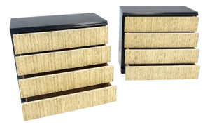 Pair Black Lacquer 4 Drawers "Linen Fold" Fronts Bachelor Chests Dressers MINT