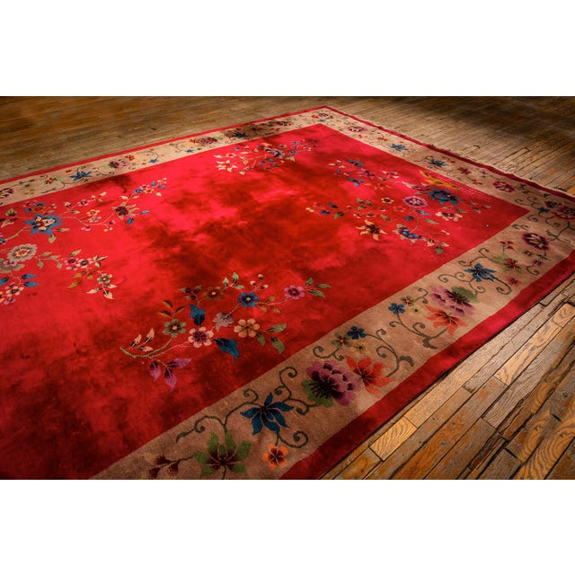 Textile 1920s Antique Red Scarlett Floral Haute Modern Knotted Wool Chinese Art Deco Rug For Sale - Image 7 of 9