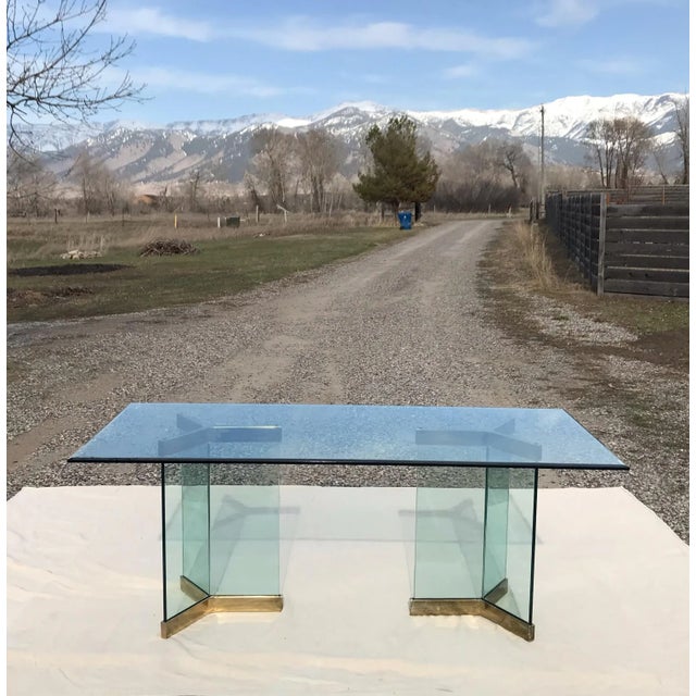 Contemporary 1970s Pace Collection Glass Dining Table With Double Pedestal Glass and Brass Base For Sale - Image 3 of 11