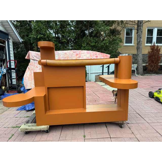 This commanding vintage postmodern sculptural bar console commands attention with its bold geometric form and substantial...