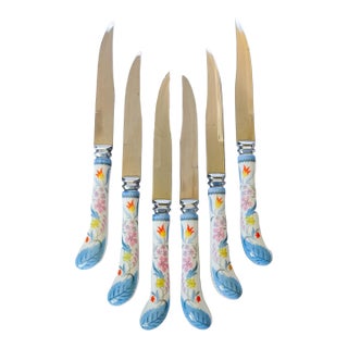 1950s Sheffield England Regent Porcelain Handle Set of Steak Knives For Sale
