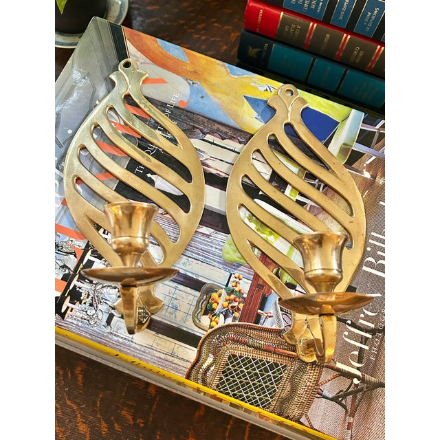 Brass Late 20th Century Solid Brass Cutout Design Wall Candle Sconces - A Pair For Sale - Image 8 of 9