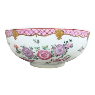 Large Vintage Chinese Famille Rose Pink Floral Hand-Painted Porcelain Bowl For Sale