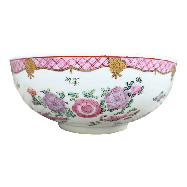 Large Vintage Chinese Famille Rose Pink Floral Hand-Painted Porcelain Bowl For Sale