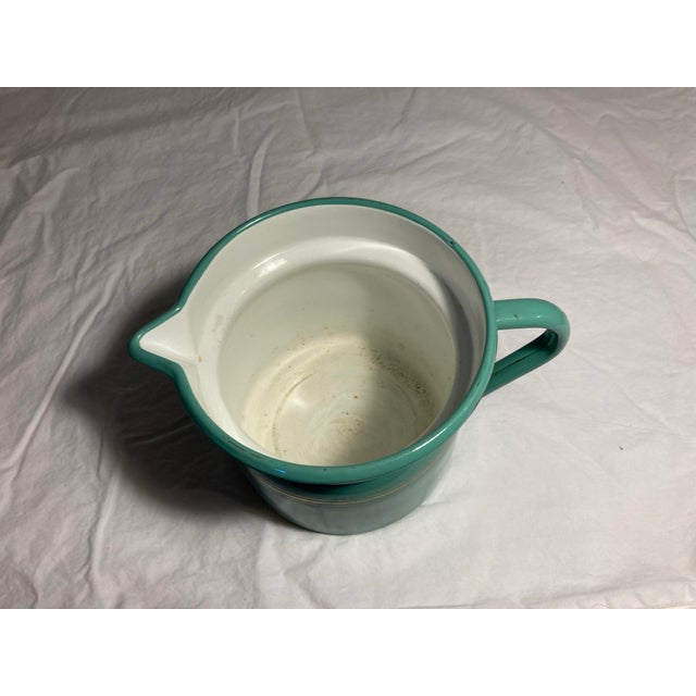 Vintage Large Enamelware Pitcher Aqua With White Interior Double Gold Stripes For Sale In Dallas - Image 6 of 7
