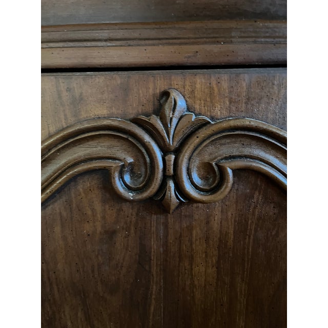 French Provincial Style Buffet Sideboard — Carved Door Panels, Ornate Brass Pulls, Silverware Drawer For Sale - Image 9 of 15