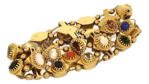 Multi-Color Gems & Shell Cameo 14k Gold Charm Slide Bracelet