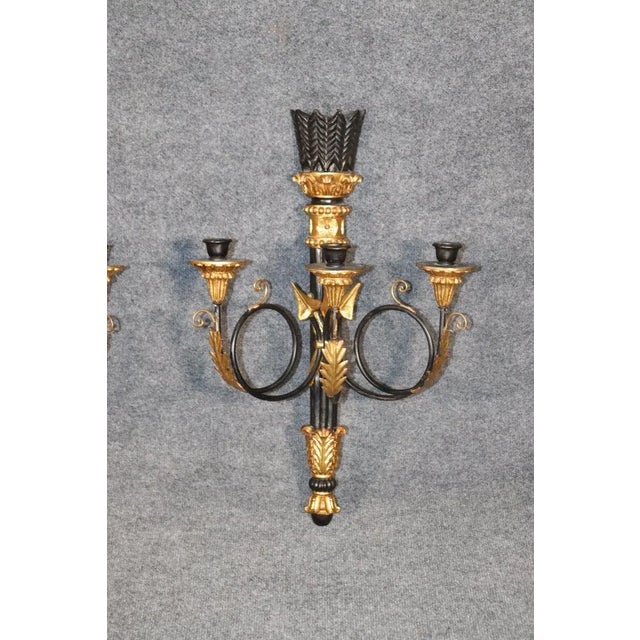 French Gilt Louis XVI Directoire Style Ebonized Wall Sconces - A Pair For Sale - Image 3 of 8
