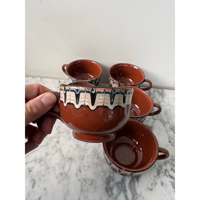 Mid-Century Modern Vintage Handmade Hand Painted Bulgarian Red Clay Pottery Tea/Coffee Cups For Sale - Image 3 of 4