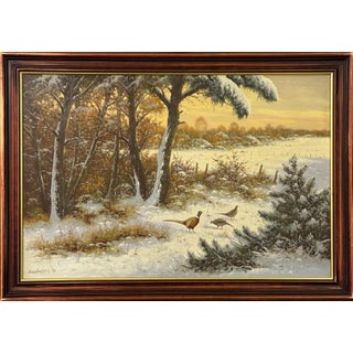 Winter Snow Scene with Pheasants with Golden Sky by 20th Century German Artist 1998 For Sale
