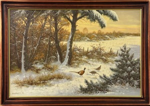 Winter Snow Scene with Pheasants with Golden Sky by 20th Century German Artist 1998