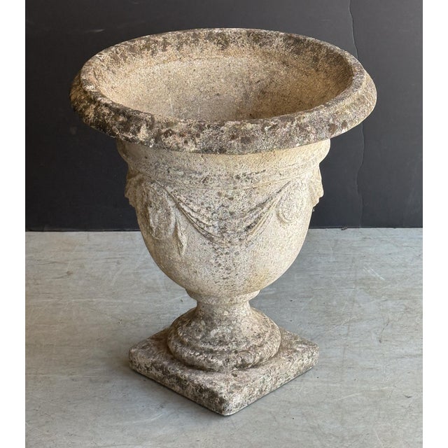 English Garden Stone Urn or Planter Pot With Garland Motif For Sale - Image 10 of 13