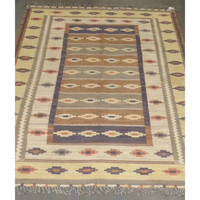 Mid 20th Century Vintage Zabihi Collection Room Size Rustic Swedish Kilim - 8'5" x 10'5" For Sale - Image 5 of 11