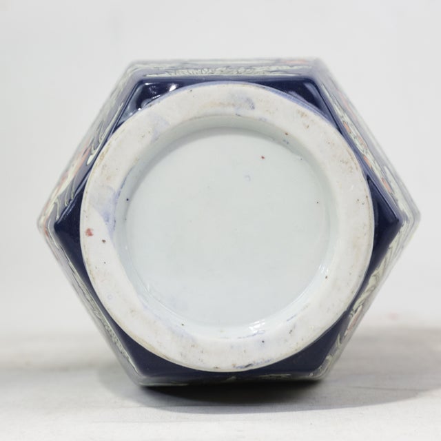 Pair of Chinese Mid-20th Century Famille Rose Cobalt Blue Hexagonal Vases For Sale - Image 9 of 14